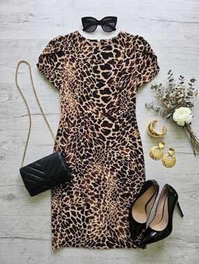 EUC Calvin Klein Leopard-Print Sheath Dress, Tulip Style Sleeve, Size 4